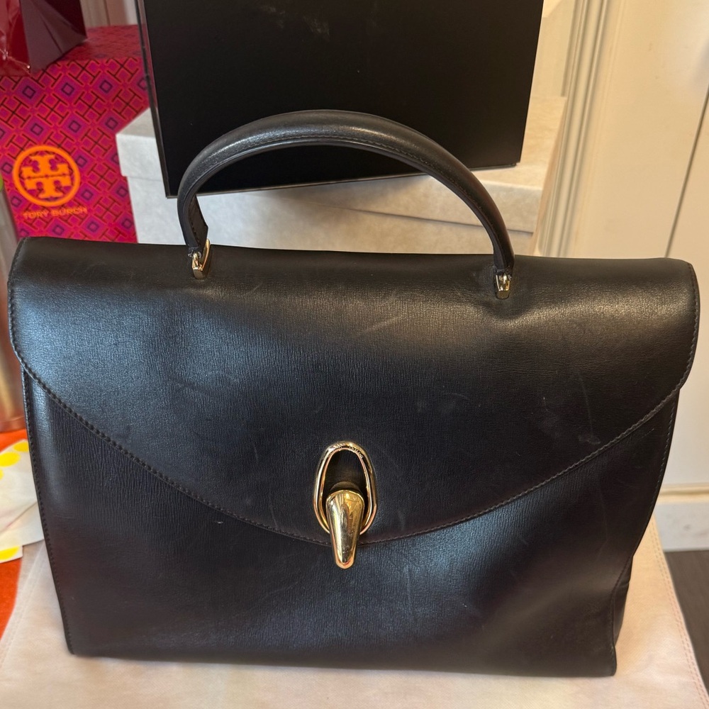 Giorgio Armani Black Leather Briefcase with Gold Accents